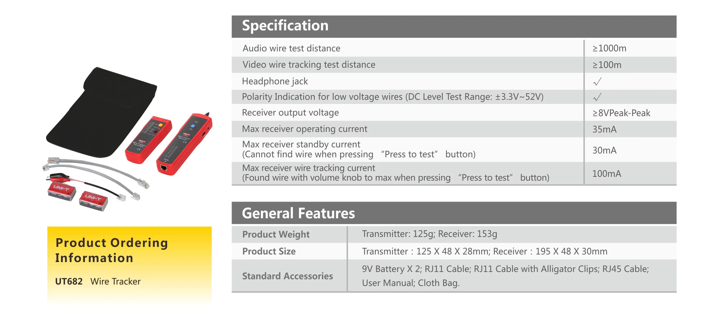 UNI-T UT682 Series Wire Tracker Toner Probe Telephone Line Network Cable  Ethernet LAN Tester Calibration Detector Line Finder