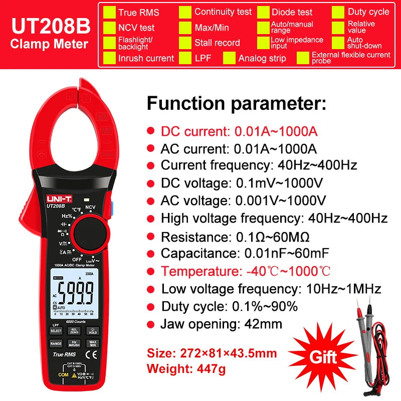 UNI-T 1000A True RMS Digital Clamp Meter 1000V AC DC Voltmeter Pliers Ammeter UT206B UT207B UT208B Inrush Current LPF ACV Test