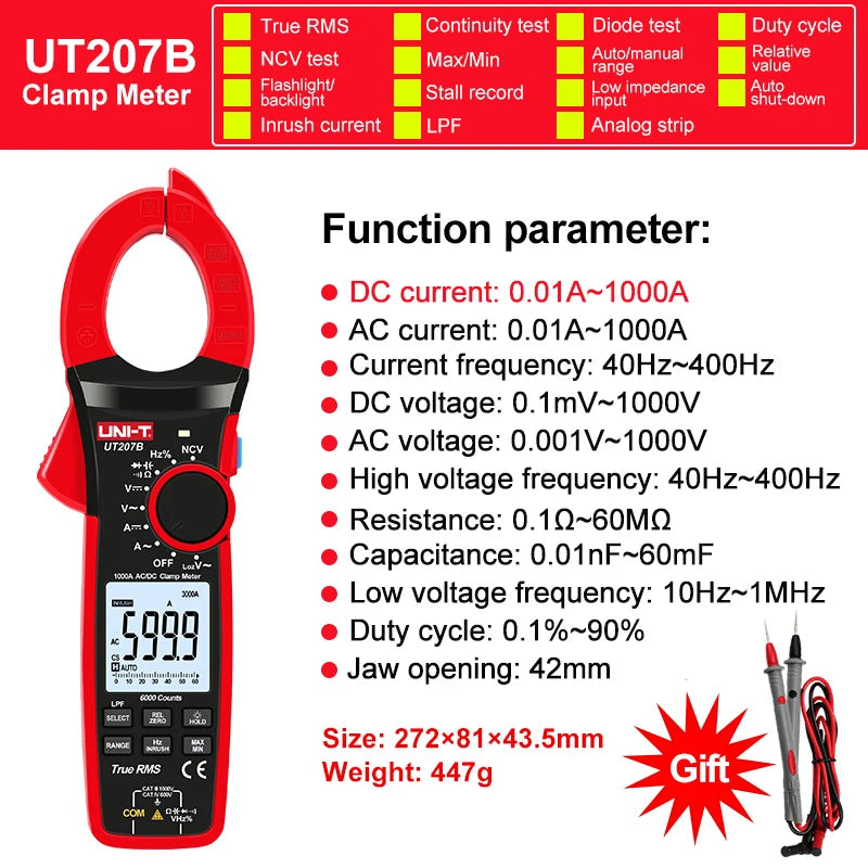 UNI-T 1000A True RMS Digital Clamp Meter 1000V AC DC Voltmeter Pliers Ammeter UT206B UT207B UT208B Inrush Current LPF ACV Test