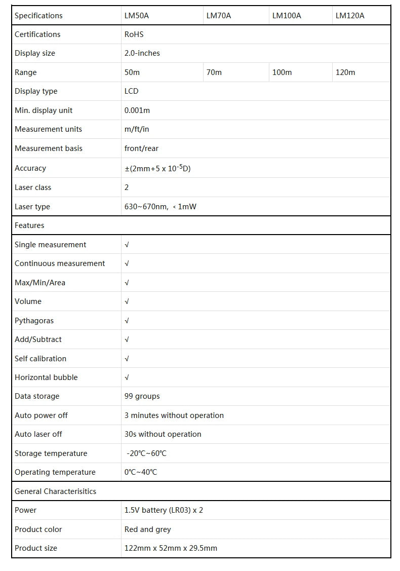 UNI-T Laser Rangefinder LM50A LM70A LM100A LM120A Laser Distance Meter Digital Range Finder Tape Measure
