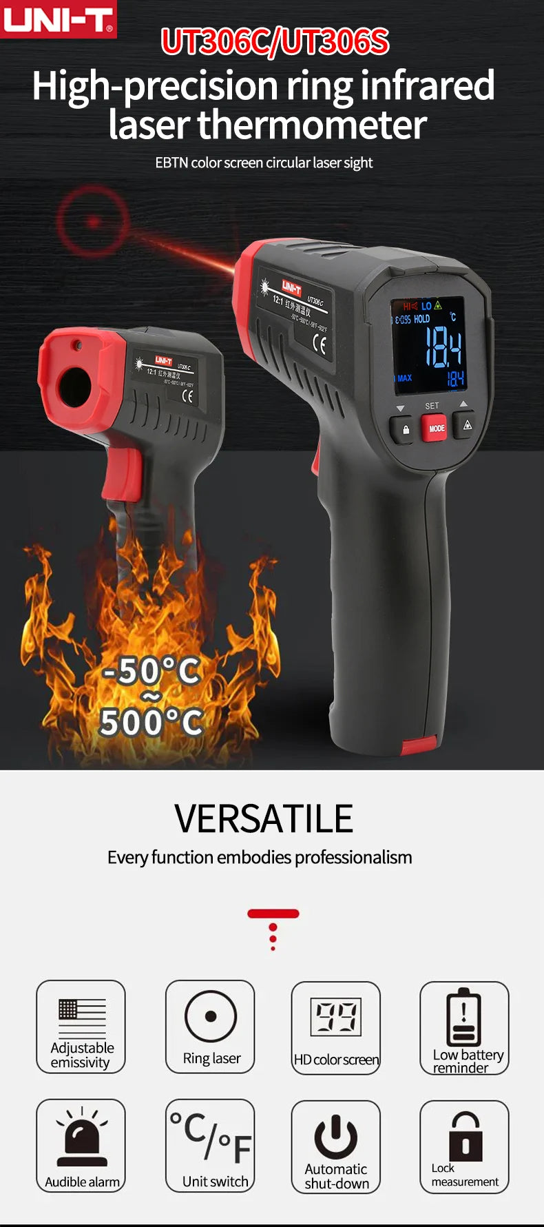 UNI-T UT306S UT306C Digital Thermometer Non Contact Household Industrial Infrared Laser Temperature Tester Meter Gun -50℃-500℃