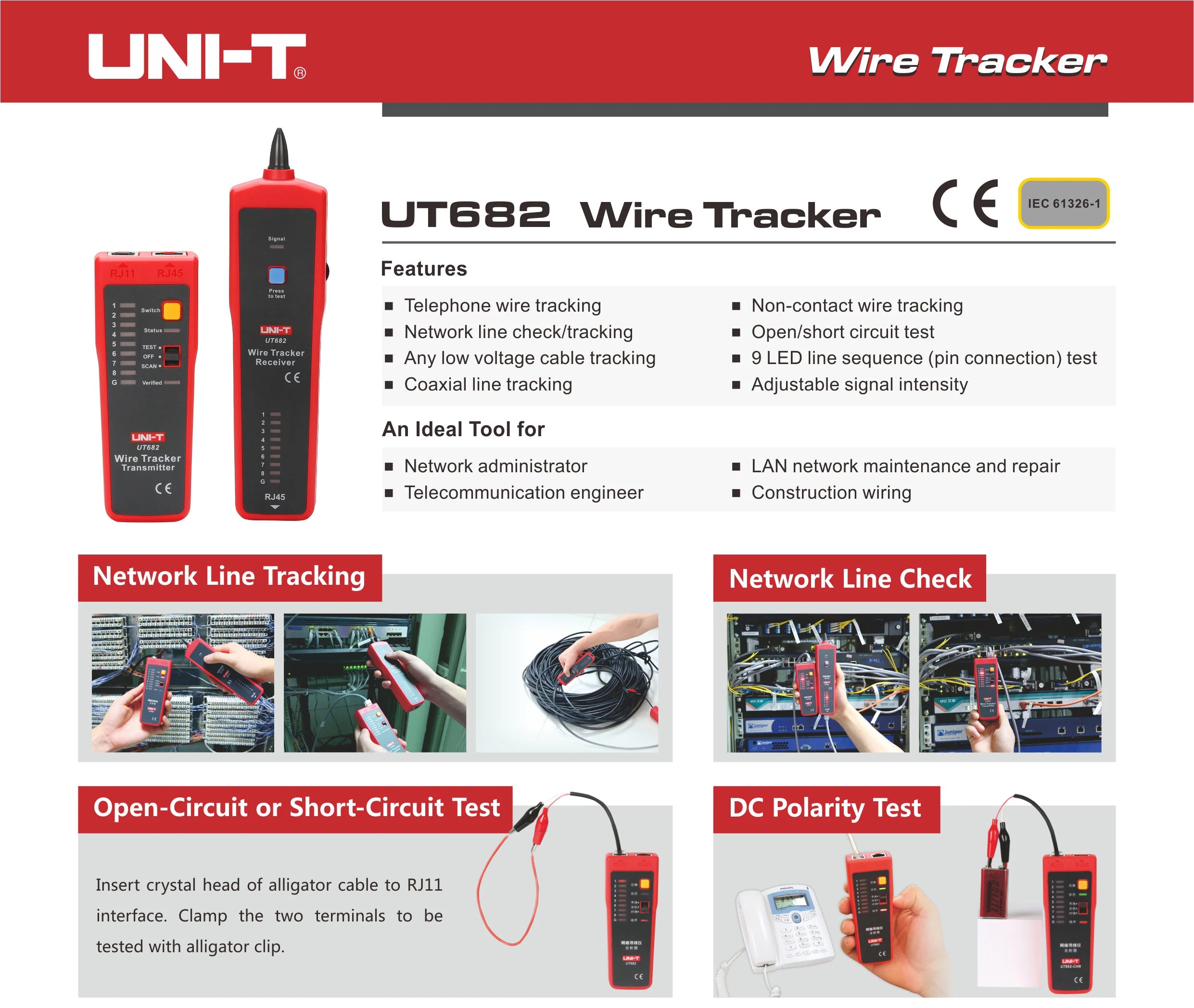 UNI-T UT682 Series Wire Tracker Toner Probe Telephone Line Network Cable  Ethernet LAN Tester Calibration Detector Line Finder