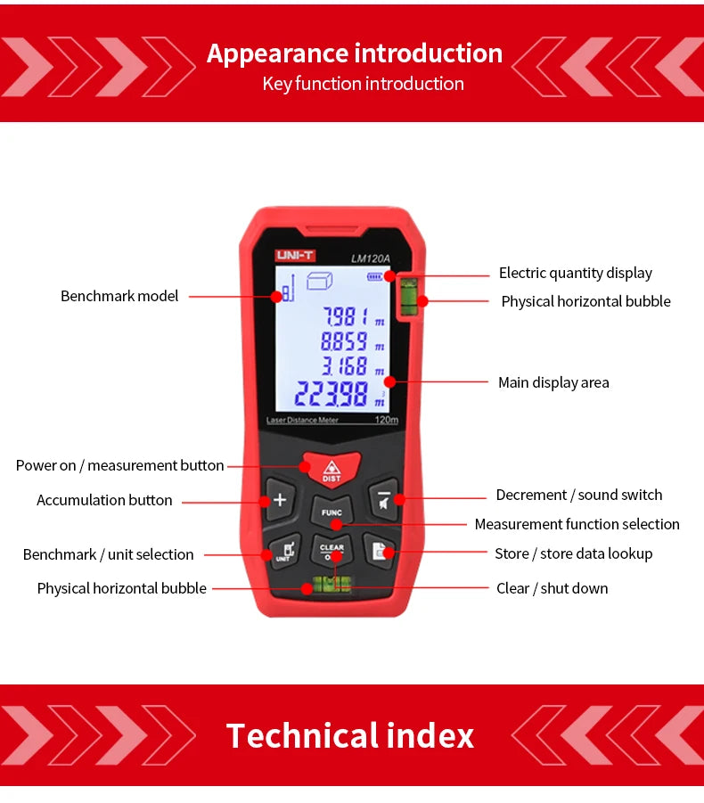 UNI-T Laser Rangefinder LM50A LM70A LM100A LM120A Laser Distance Meter Digital Range Finder Tape Measure