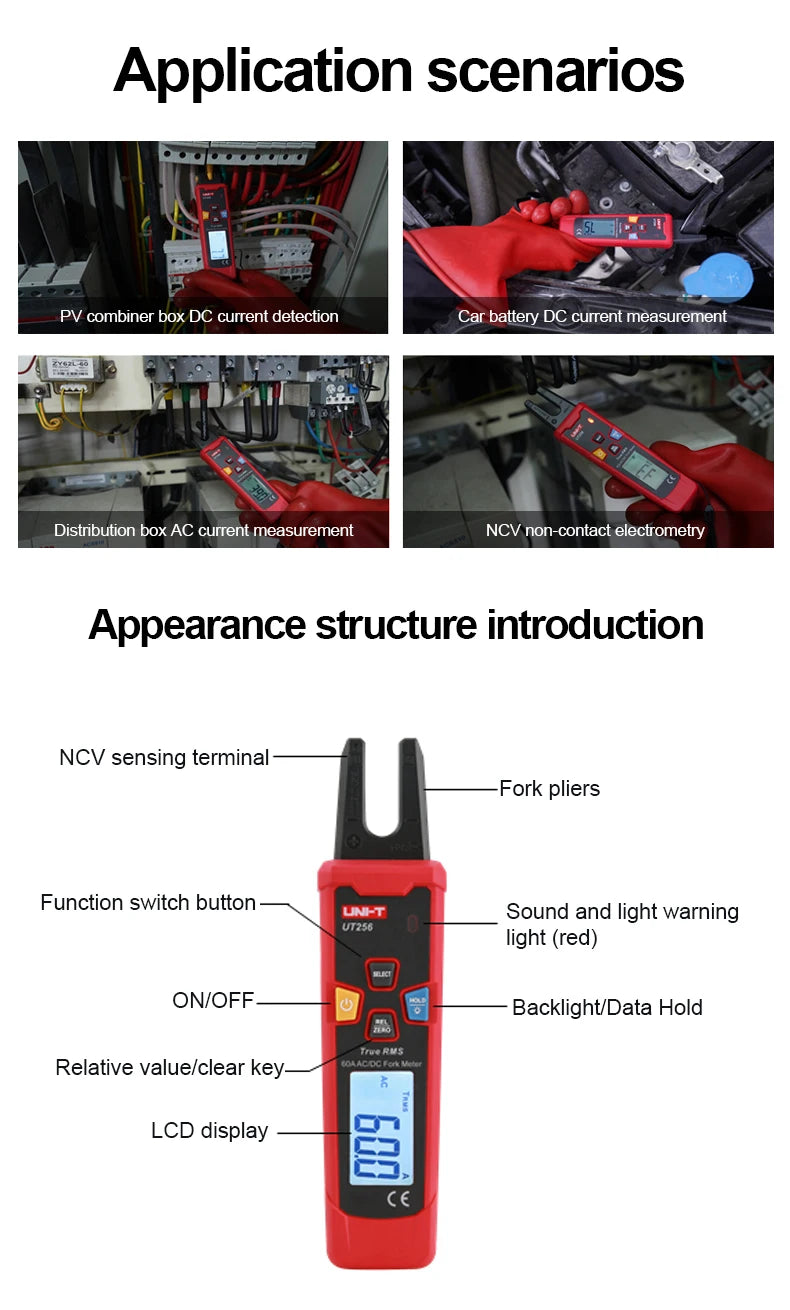 UNI-TUT256 60A AC DC Current Fork Meter UT256 True RMS Amperometric Clamp Meter Digital Ammeter NCV Test