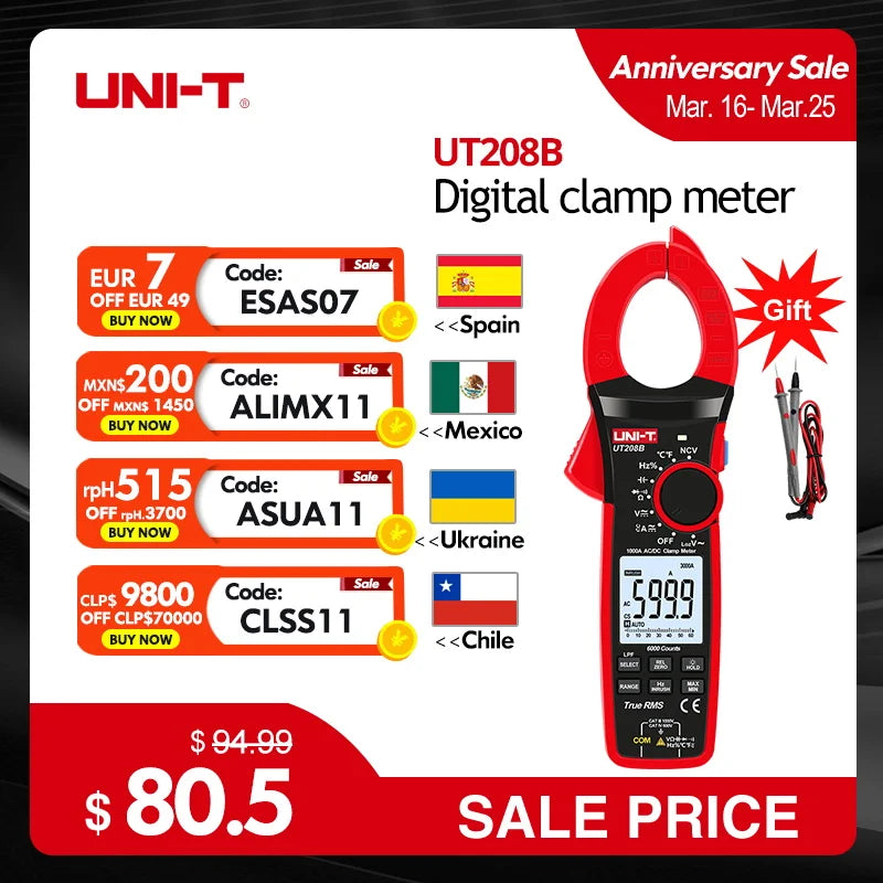 UNI-T 1000A True RMS Digital Clamp Meter 1000V AC DC Voltmeter Pliers Ammeter UT206B UT207B UT208B Inrush Current LPF ACV Test