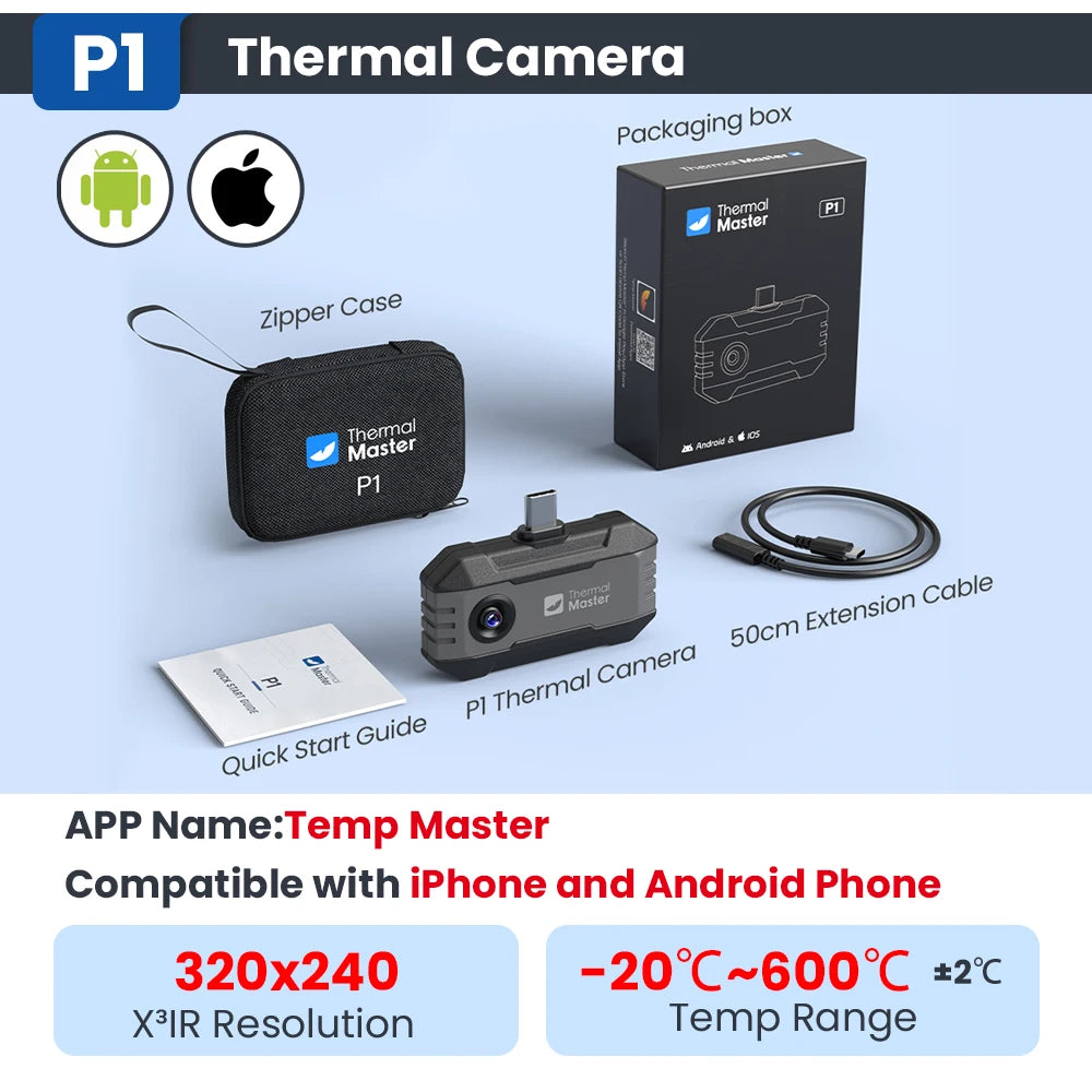 P1 thermal camera 320*240 X³IR Resolution for ios and Android Phone 600℃ High Temp Measurement Range 25Hz for Hvac Inspect