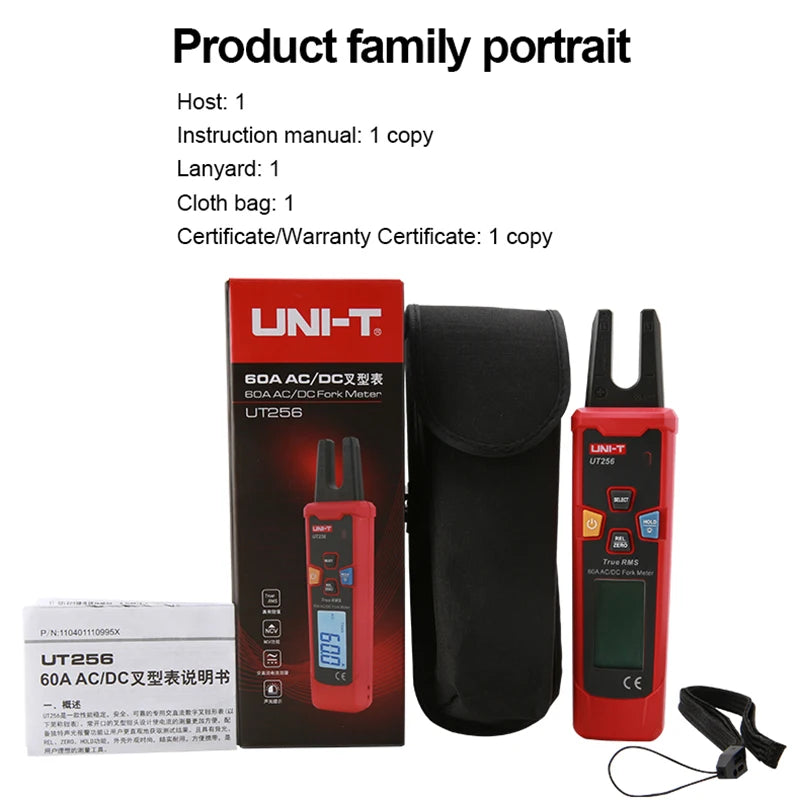 UNI-TUT256 60A AC DC Current Fork Meter UT256 True RMS Amperometric Clamp Meter Digital Ammeter NCV Test