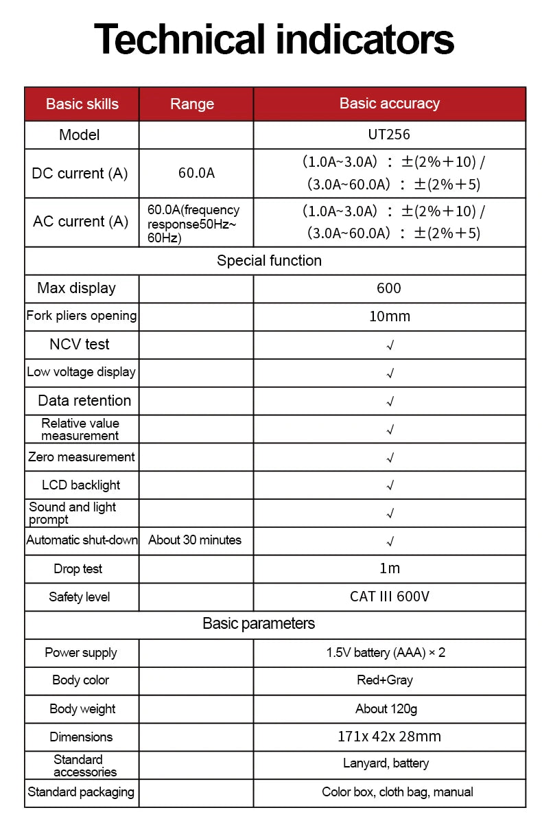 UNI-TUT256 60A AC DC Current Fork Meter UT256 True RMS Amperometric Clamp Meter Digital Ammeter NCV Test