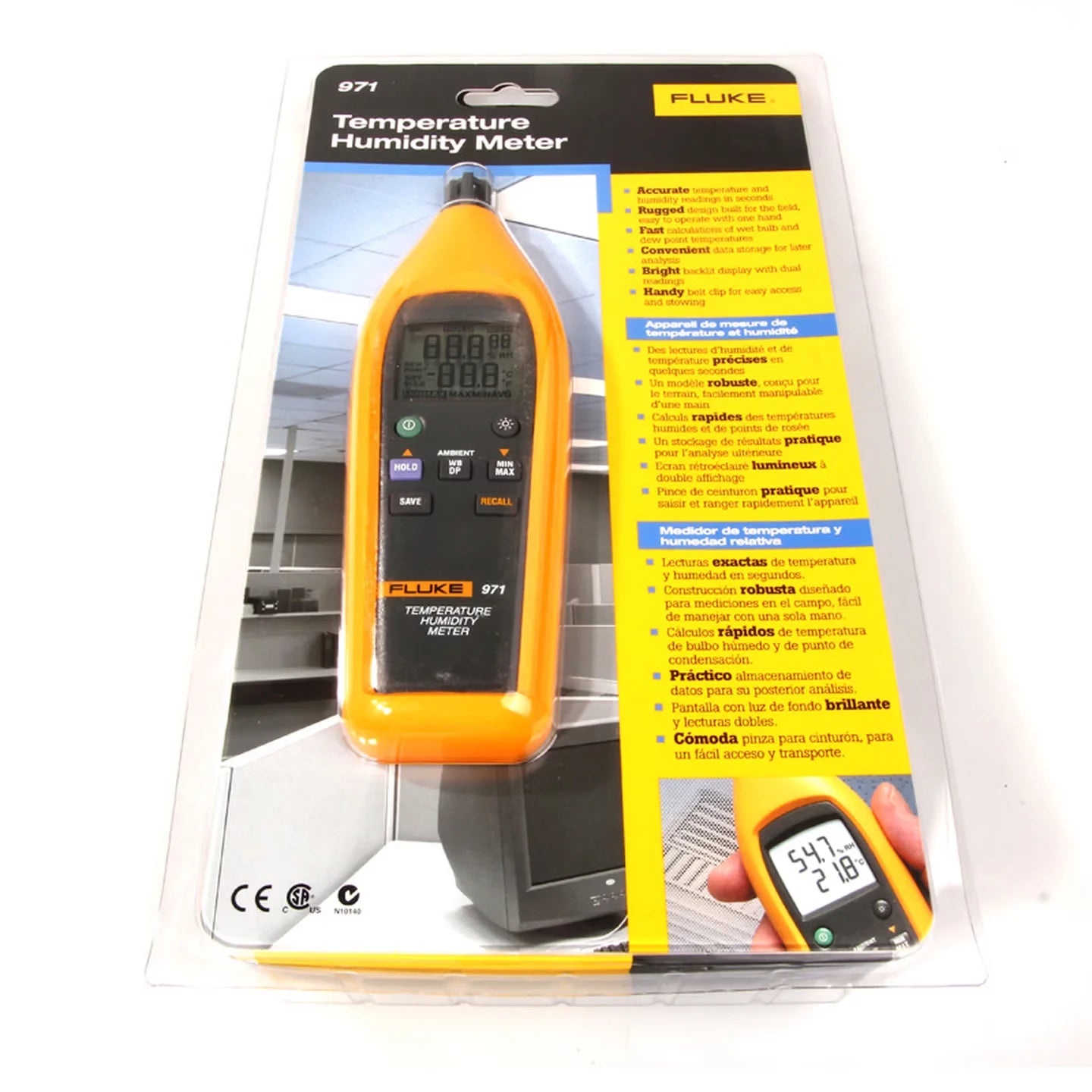 Fluke 971 Temperature Humidity Meter, Portable Psychrometer with Dew Point and Wet Bulb Measurements, Professional HVAC Tester