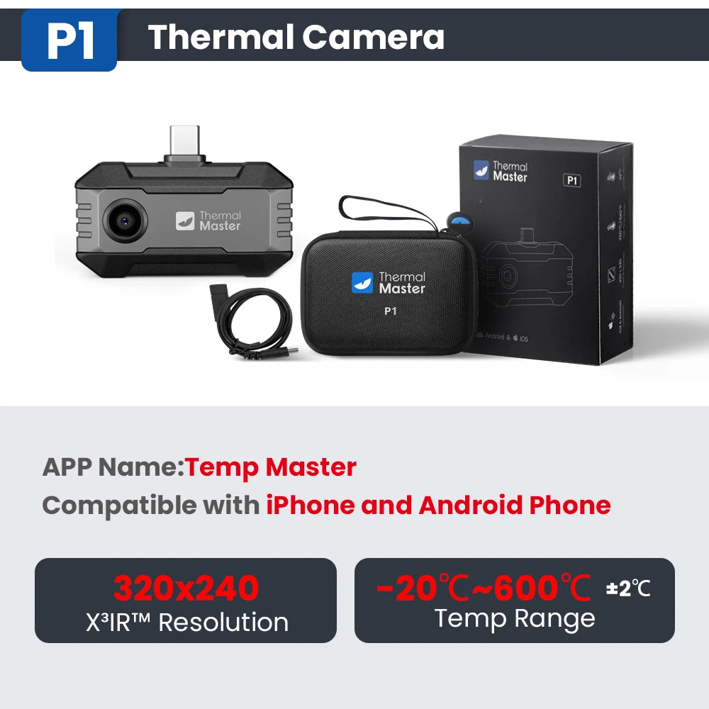 P1 thermal camera 320*240 X³IR Resolution for ios and Android Phone 600℃ High Temp Measurement Range 25Hz for Hvac Inspect