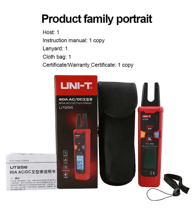 UNI-TUT256 60A AC DC Current Fork Meter UT256 True RMS Amperometric Clamp Meter Digital Ammeter NCV Test