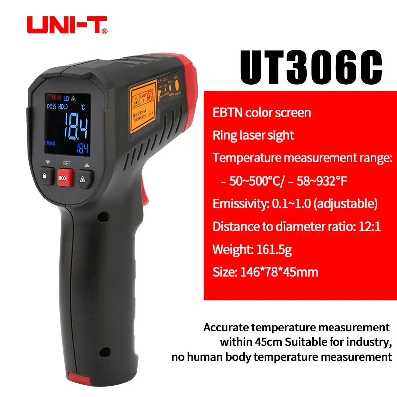 UNI-T UT306S UT306C Digital Thermometer Non Contact Household Industrial Infrared Laser Temperature Tester Meter Gun -50℃-500℃